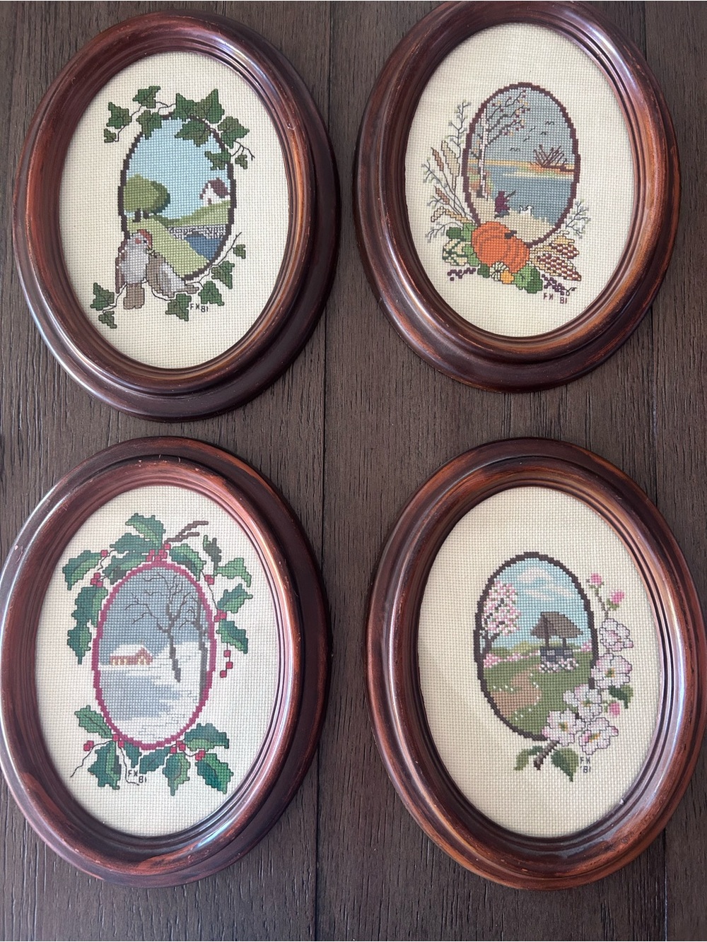 set of 4 seasons needlepoint wall art